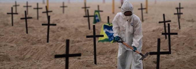 Aktivisten hoben an Rio de Janeiros Copacabana symbolisch Gräber aus und stellten Kreuze auf.